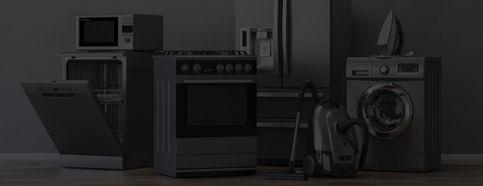 Home appliances serviced by Axis OC — refrigerator, range, dishwasher and washer